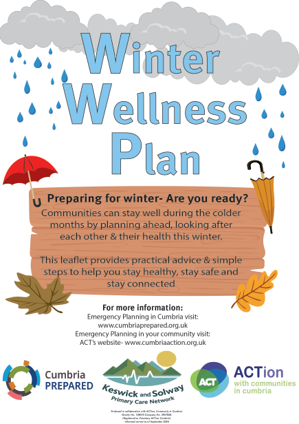 Winter Wellness Plan - Front Cover will rainy clouds, Autumn leaves and Umbrellas. With a description and logos - all the written info included on this web page