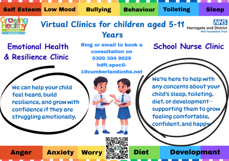 Colourful poster advertising the clinics for children aged 5-11. The details from the poster are included on this web page
