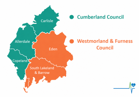 Shows the boundary split for councils between Cumberland Council and Westmorland and Furness - across the wider area of Cumbria