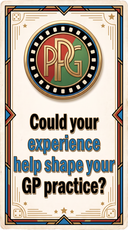 Quiz card with campaign PPG logo asking the question: Could your experience help shape your GP practice?