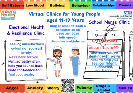 Colourful poster advertising the clinics for children aged 11-19. The details from the poster are included on this web page
